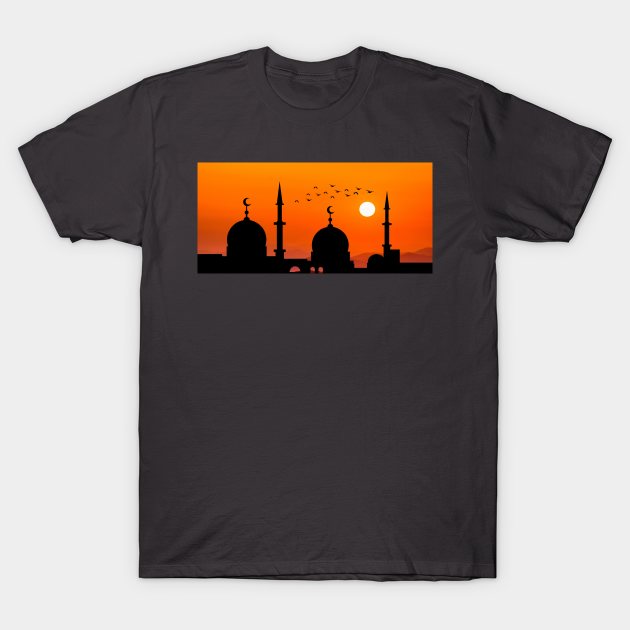 Silhouette of mosque with orange coloured sunset T-Shirt by Montanescu